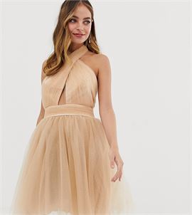 cross neck full prom glitter mini dress in tan