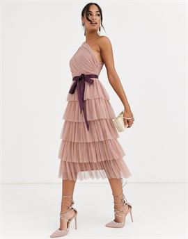With Love one shoulder tiered midi dress in taupe