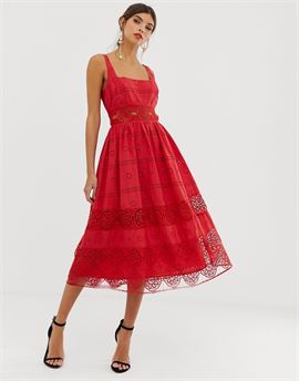 square neck midi prom dress in broderie with lace insert