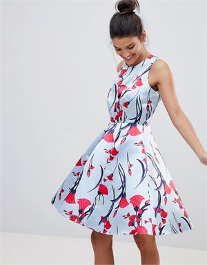 Premium Prom Sateen Skater Dress In Floral Fan Print