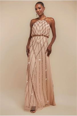 Racer Neck Sleeveless Hand Embellished Sequin Maxi Dress