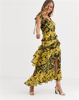 one shoulder midaxi dress in yellow black mixed print