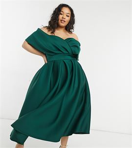 wrap shoulder midi prom dress in emerald green