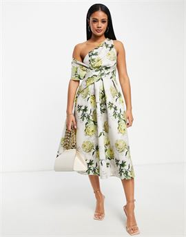 bare shoulder prom midi dress in floral print