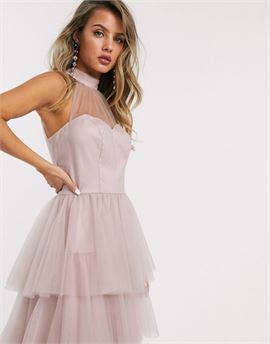 tiered midi prom dress in blush
