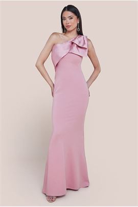 One Shoulder Satin Bow Scuba Crepe Maxi Dress
