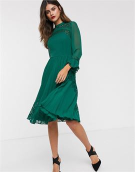 lace insert pleated midi skater dress with long sleeves