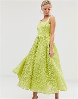 square neck textured midaxi prom dress in neon lime