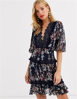 lace insert mini dress in navy floral