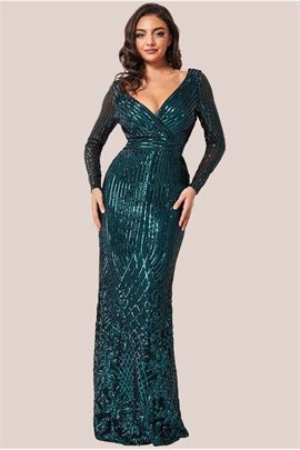 Long Sleeve Sequin V Wrap Maxi Dress
