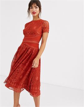 short sleeve prom dress in lace with circle trim details