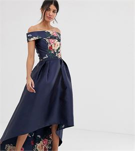 bardot neck prom dress with high low hem in navy floral