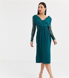 ASOS DESIGN Tall lace and pleat long sleeve midi dress