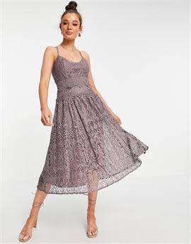 cami strap midi prom dress in lace with circle trims in Dusty Mauve