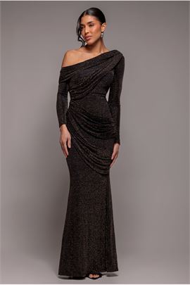 Off The Shoulder Gathered Panel Sparkle Lurex Maxi Dress