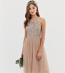 Bridesmaid halter neck midi tulle dress with tonal delicate sequins in taupe blush