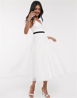 Bridal bow detail midi dress with contrast waistband in ivory