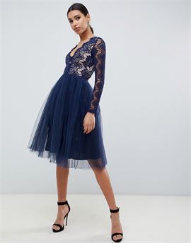 London midi prom dress with scalloped lace detail in navy
