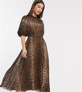 ASOS DESIGN Tall high neck pleated midi dress with puff sleeve in leopard print