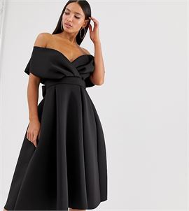 ASOS DESIGN Tall fallen shoulder midi prom dress with tie detail in black