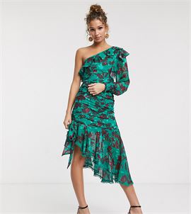 one shoulder midi dress with ruched side in teal burn out floral