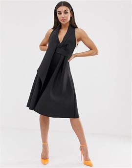 fold front tux prom midi dress with asymmetric detail