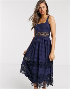 square neck midi prom dress in broderie with lace insert