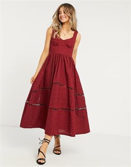 broderie cupped midi skater prom dress in oxblood