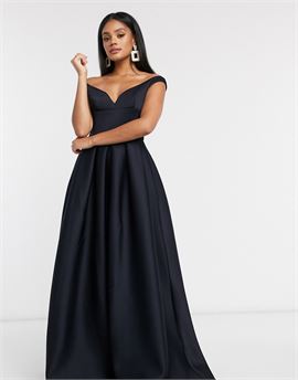 Black Label bardot prom maxi dress with pockets in navy