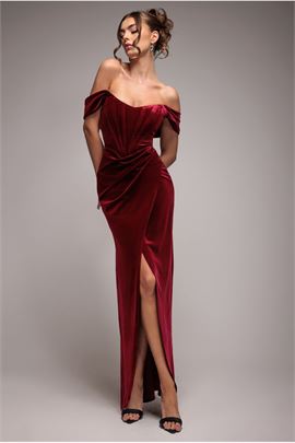 Draped Shoulder Velvet Corset Maxi Dress