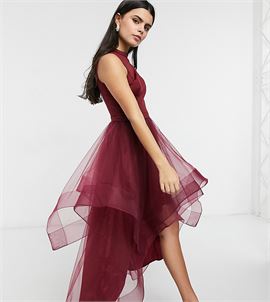 high low organza prom dress in burgundy
