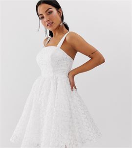 square neck textured mini prom dress in white