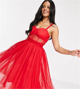 exclusive prom midi dress with mesh corset waist detail in red