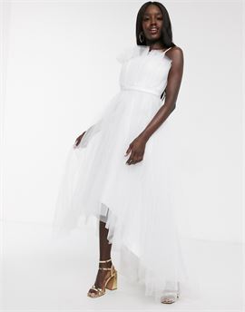 tulle bardot layered high low prom midi dress in white