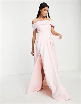 Black Label bardot split maxi prom dress with pockets in blush pink