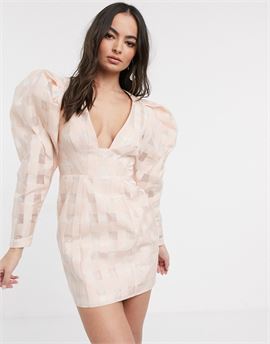 organza check mini dress with extreme sleeve