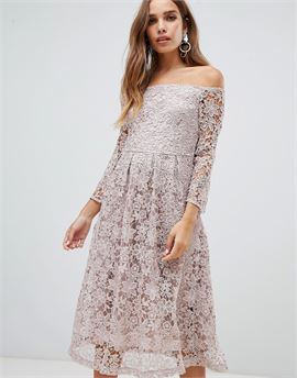 bardot all over lace prom midi dress with bell sleeve in mauve