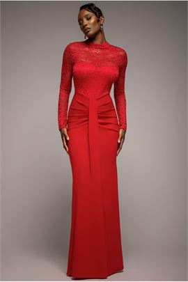 Lace High Neck Sheer Bodice Long Sleeve Maxi Dress