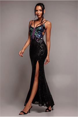 Sequin Butterfly Front Split Maxi Dress