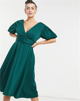 plunge belted skater midi prom dress in forest green