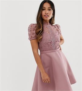 lace top full prom mini dress in blush
