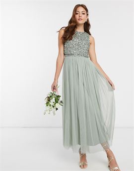 Bridesmaid sleeveless midaxi tulle dress with tonal delicate sequin overlay in green lily