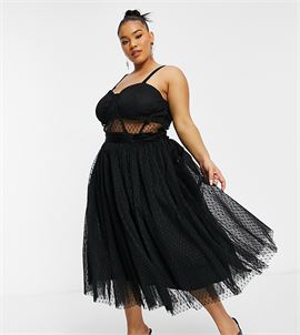 exclusive prom midi dress with mesh corset waist detail in black dobby mesh