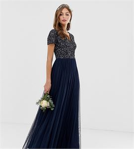 Bridesmaid V neck maxi tulle dress with tonal delicate sequins