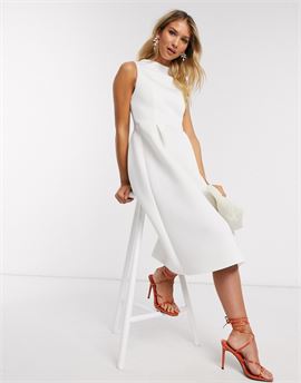 high neck sleeveless midi prom dress with lace up back in white