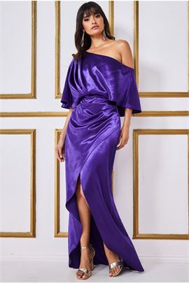 Satin Drape Shoulder Wrap Maxi Dress