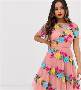 all over floral applique midi prom dress in pink