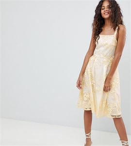 Allover Embroidered Floral Lace Midi Prom Dress