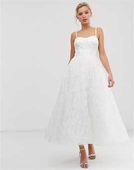 all over lace embroidered bodice detail full prom midaxi dress in white