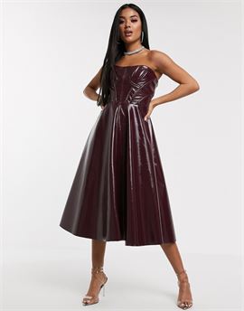 Premium corseted vinyl bandeau midi prom dress